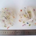 Cream Off Organza Fabric With Colorful Squares Pom..