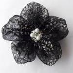 Black Tulle With White Textured Flowers Handmade..