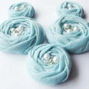Blue Cotton Roses Handmade Appliques Embellishments(5 pcs)