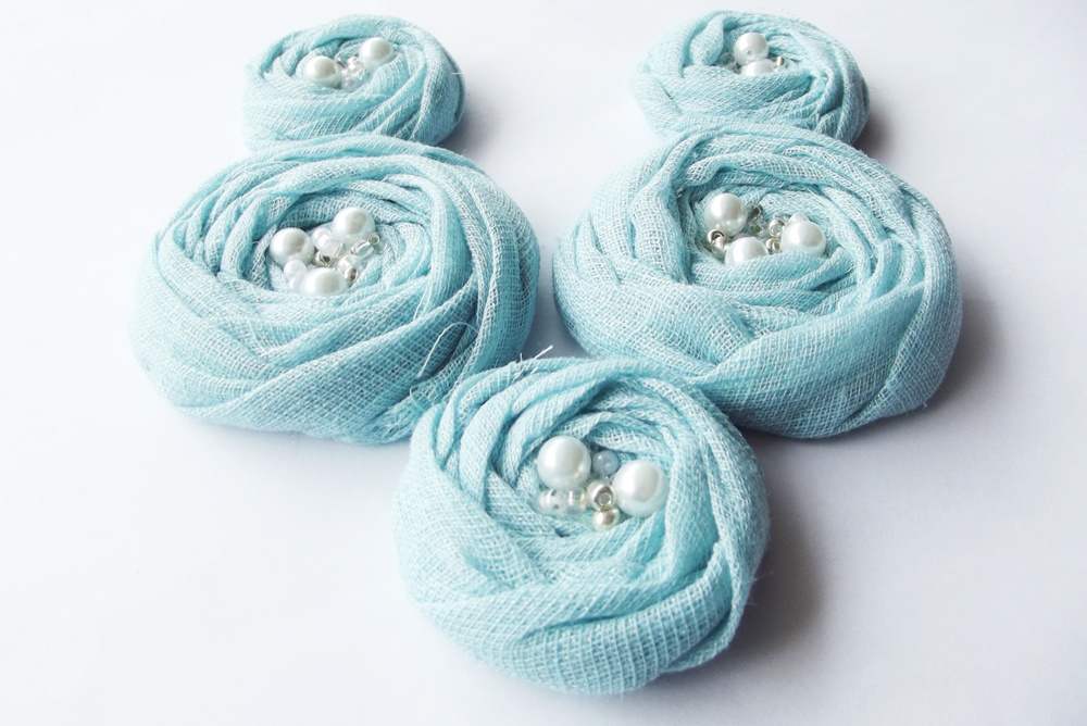 Blue Cotton Roses Handmade Appliques Embellishments(5 Pcs)