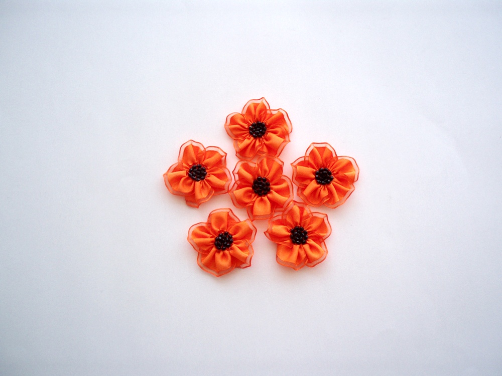 Handmade Neon Orange Medium Ribbon Flower Appliques Embellishments (6pcs)
