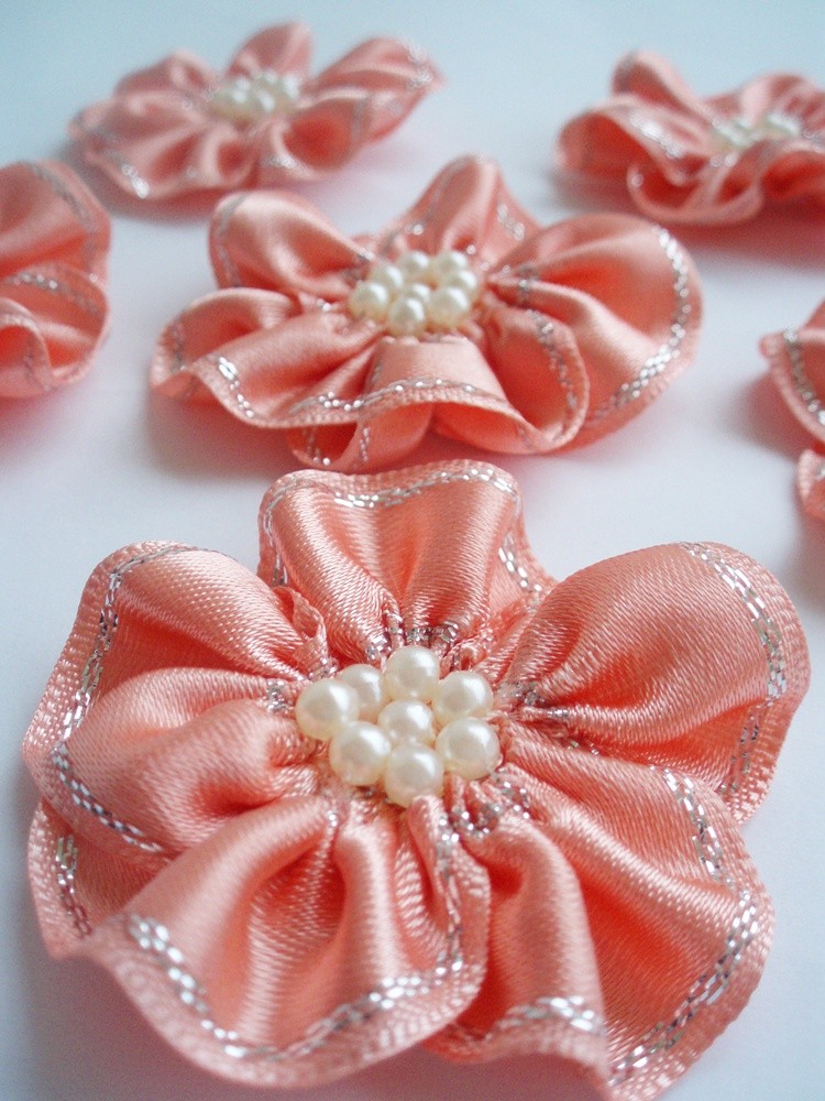 Handmade Peach Ribbon Flower Appliques Embellishments (6pcs)