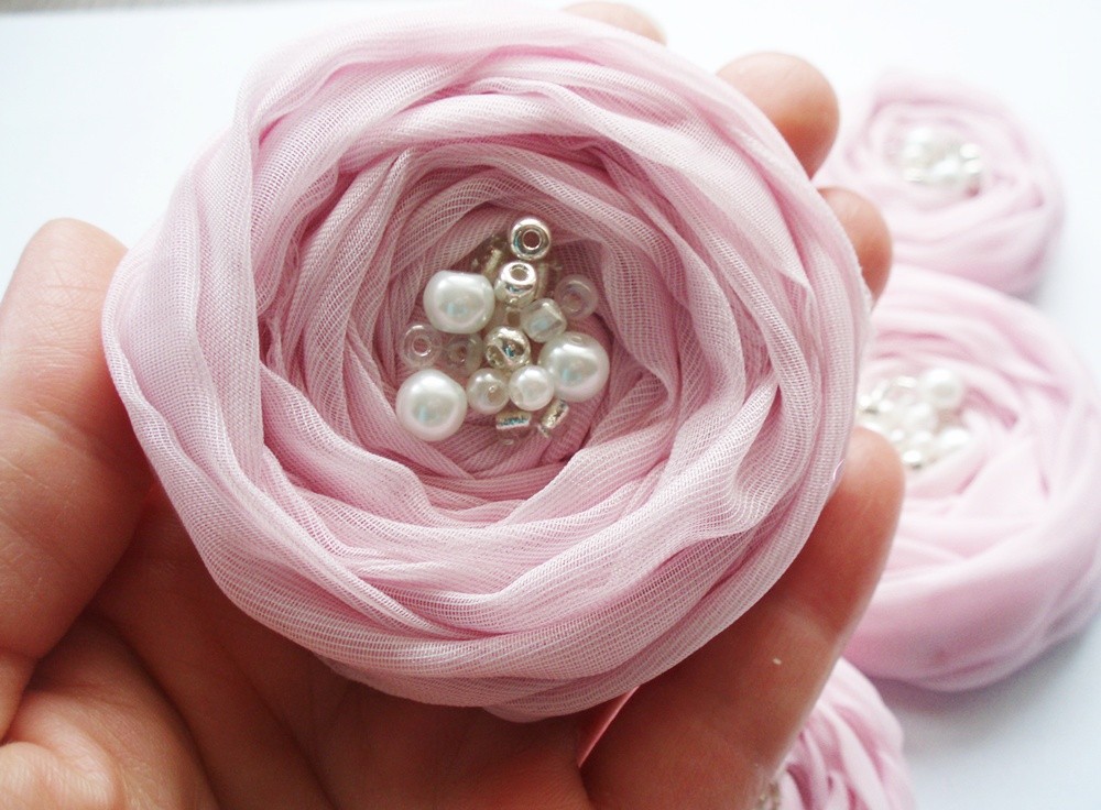 Pink Chiffon Roses Handmade Appliques Embellishments(5 Pcs)