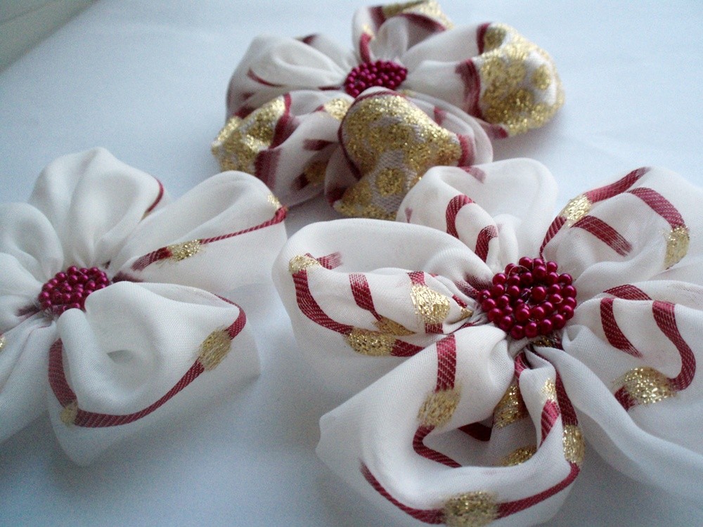 White-burgundy-golden Chiffon Flowers Handmade Appliques Embellishments(3 Pcs)