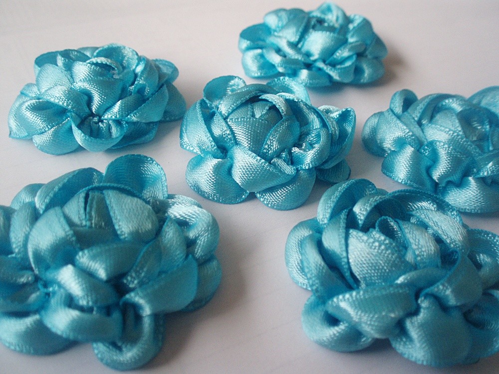 Handmade Turquoise Ribbon Flower Appliques Embellishments(6pcs)