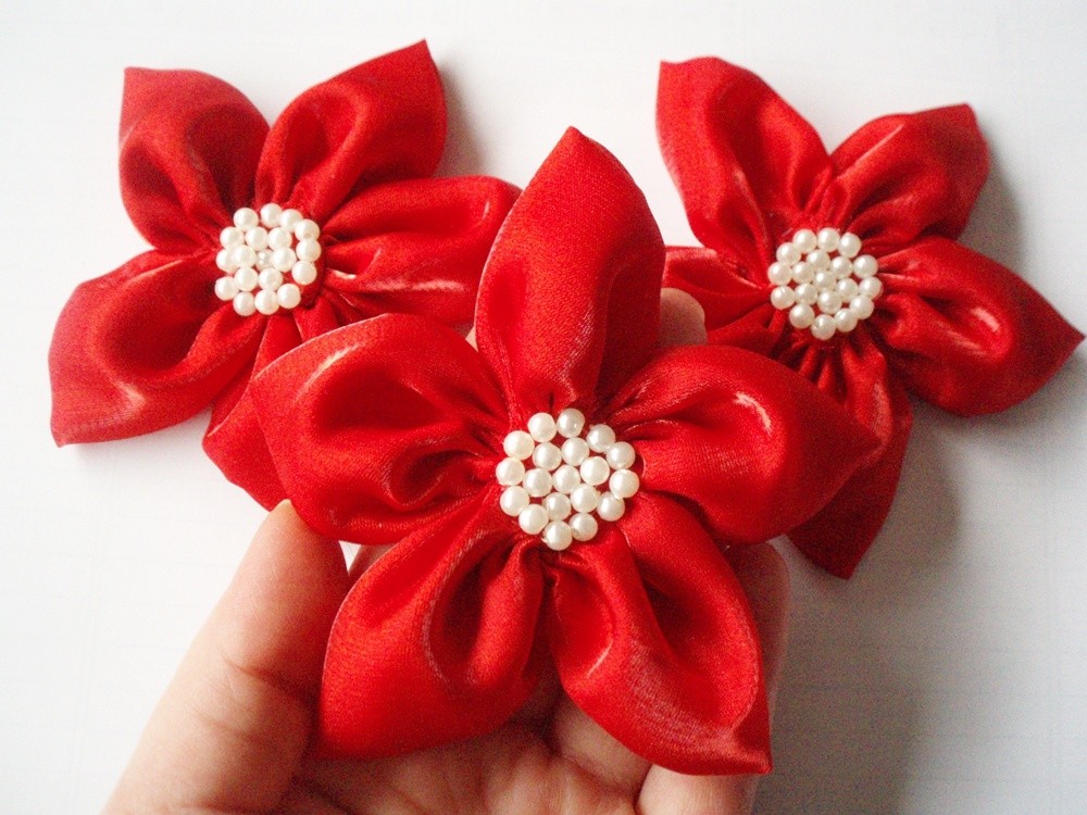 Red Flowers Handmade Appliques Embellishments(3 Pcs)