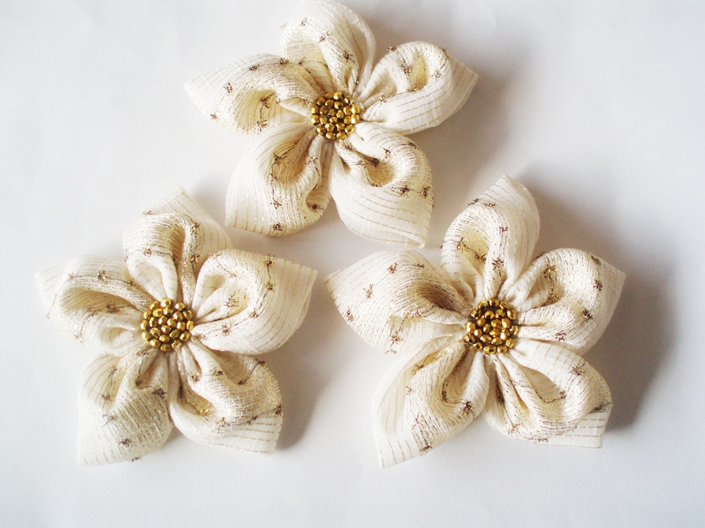 Cream And Golden Flowers Handmade Appliques Embellishments(3 Pcs)